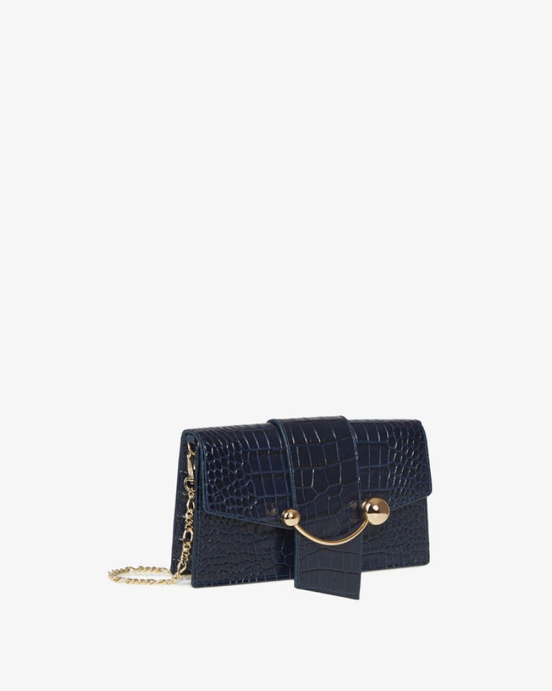 Navy Strathberry Crescent On A Chain Croc-Embossed Leather Crossbody Bag | UK TBPU-28749