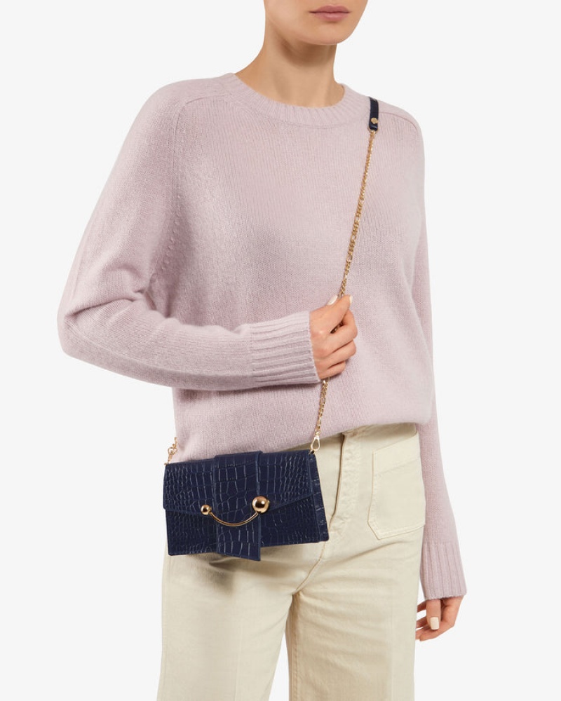 Navy Strathberry Crescent On A Chain Croc-Embossed Leather Crossbody Bag | UK TBPU-28749