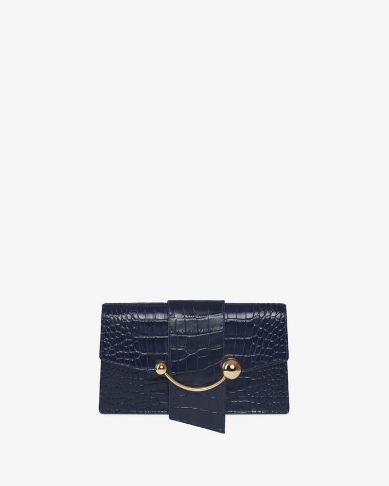 Navy Strathberry Crescent On A Chain Croc-Embossed Leather Crossbody Bag | UK TBPU-28749