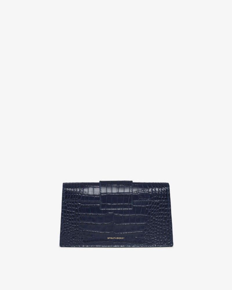 Navy Strathberry Crescent On A Chain Croc-Embossed Leather Crossbody Bag | UK TBPU-28749