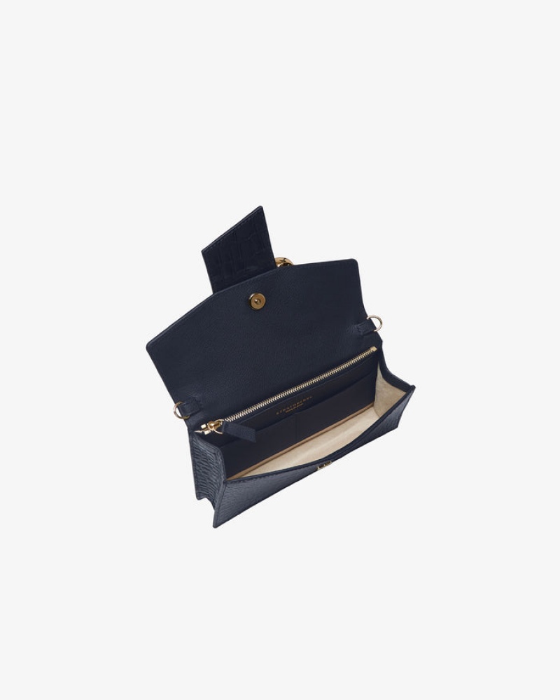 Navy Strathberry Crescent On A Chain Croc-Embossed Leather Crossbody Bag | UK TBPU-28749