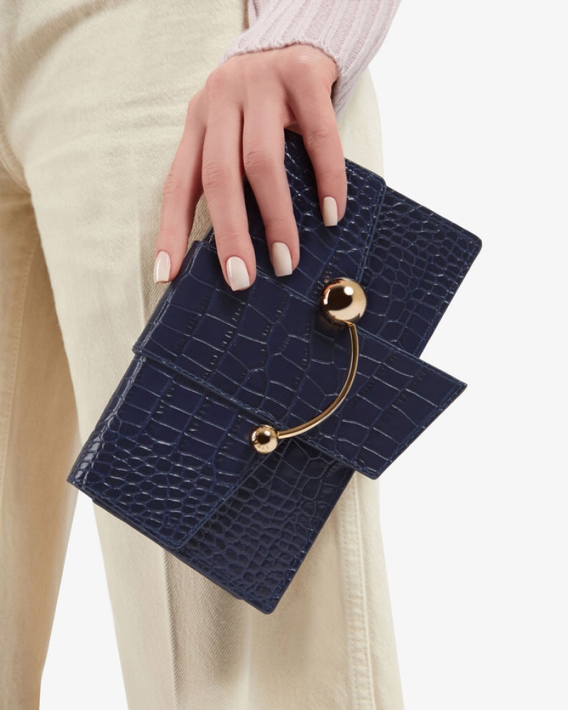 Navy Strathberry Crescent On A Chain Croc-Embossed Leather Crossbody Bag | UK TBPU-28749