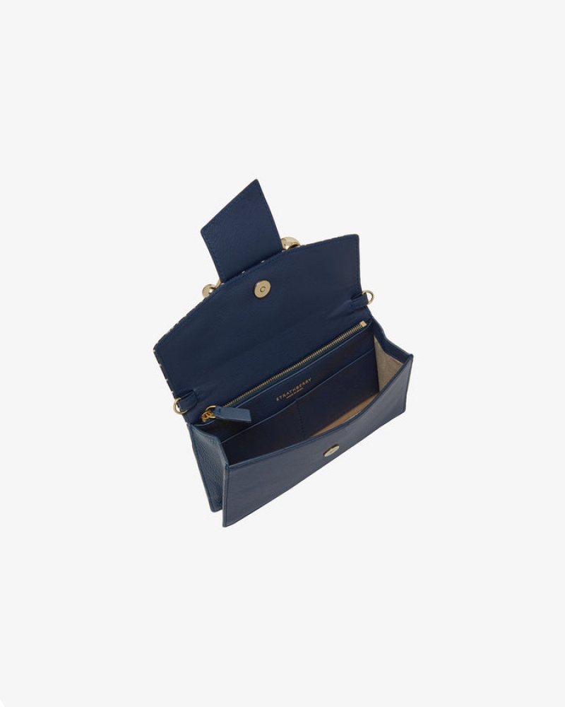 Navy Strathberry Crescent On A Chain Leather Mini Bag | UK KFJN-35692