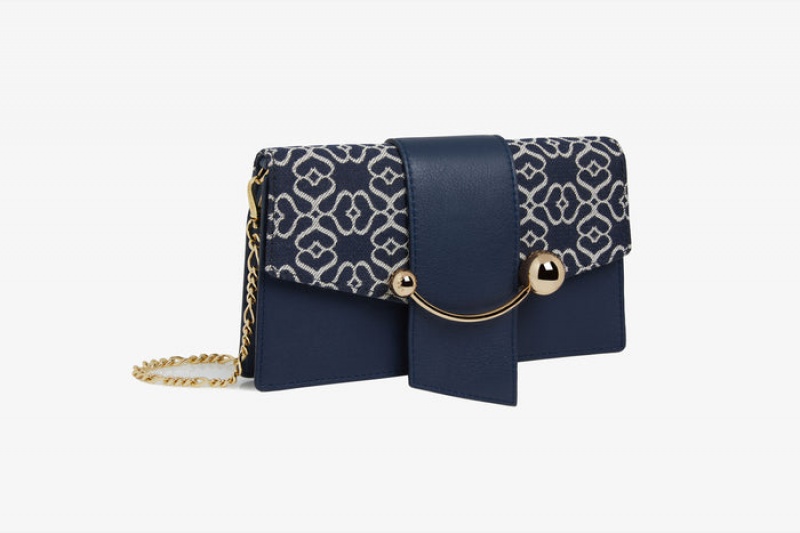 Navy Strathberry Crescent On A Chain Leather Mini Bag | UK KFJN-35692