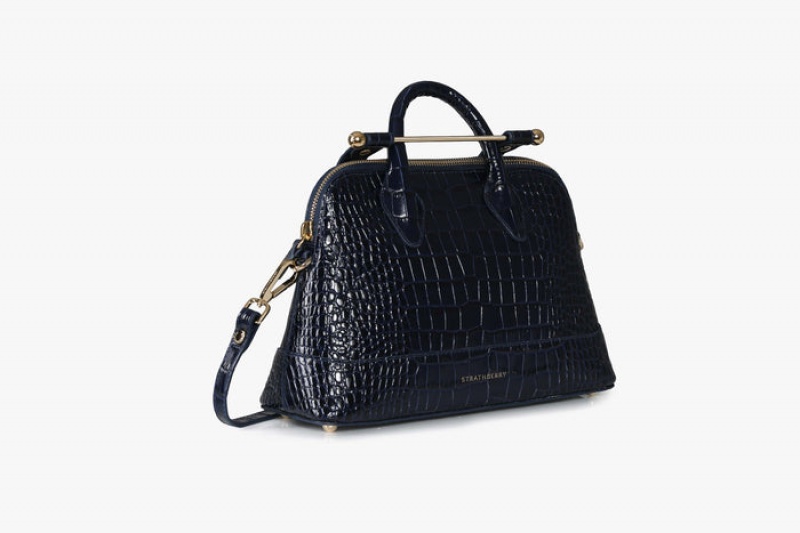 Navy Strathberry Dome Croc-Embossed Leather Mini Bag | UK QWDV-41527