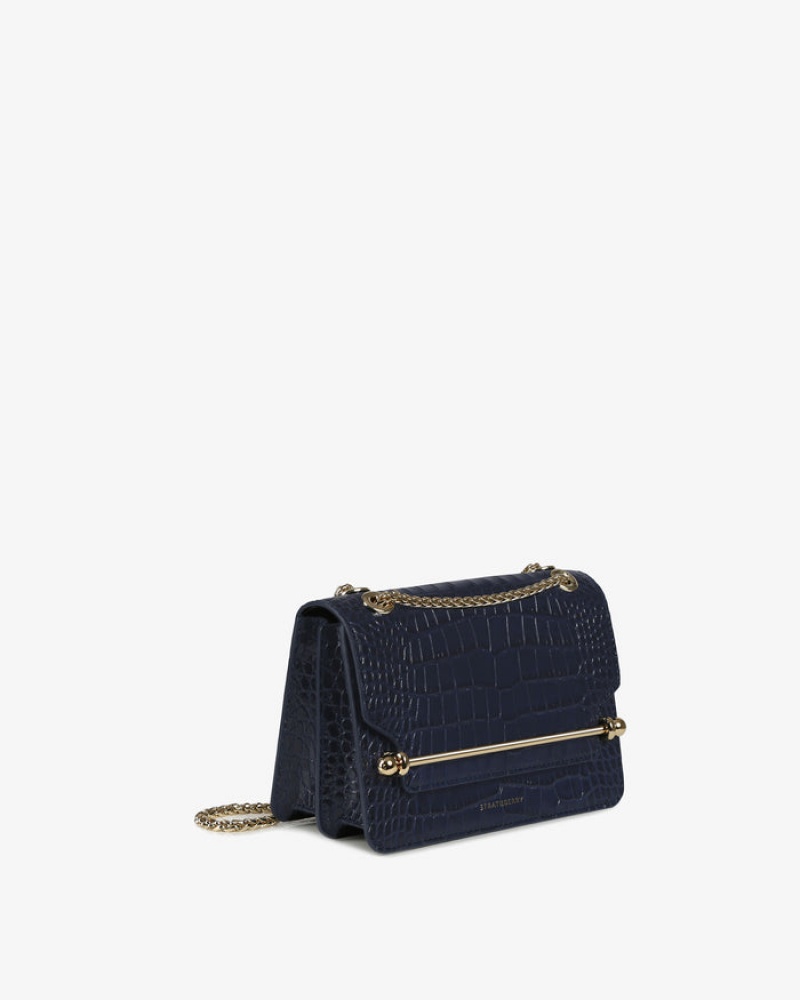 Navy Strathberry East/West Croc-Embossed Leather Mini Bag | UK USHM-89105