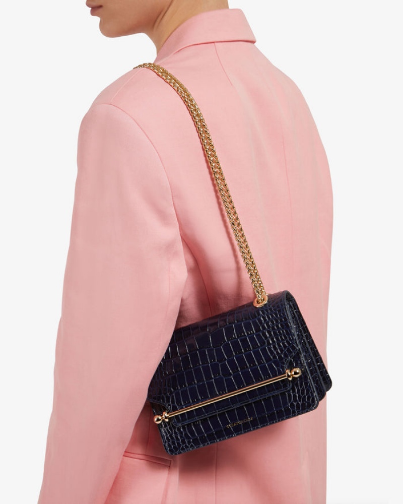 Navy Strathberry East/West Croc-Embossed Leather Mini Bag | UK USHM-89105