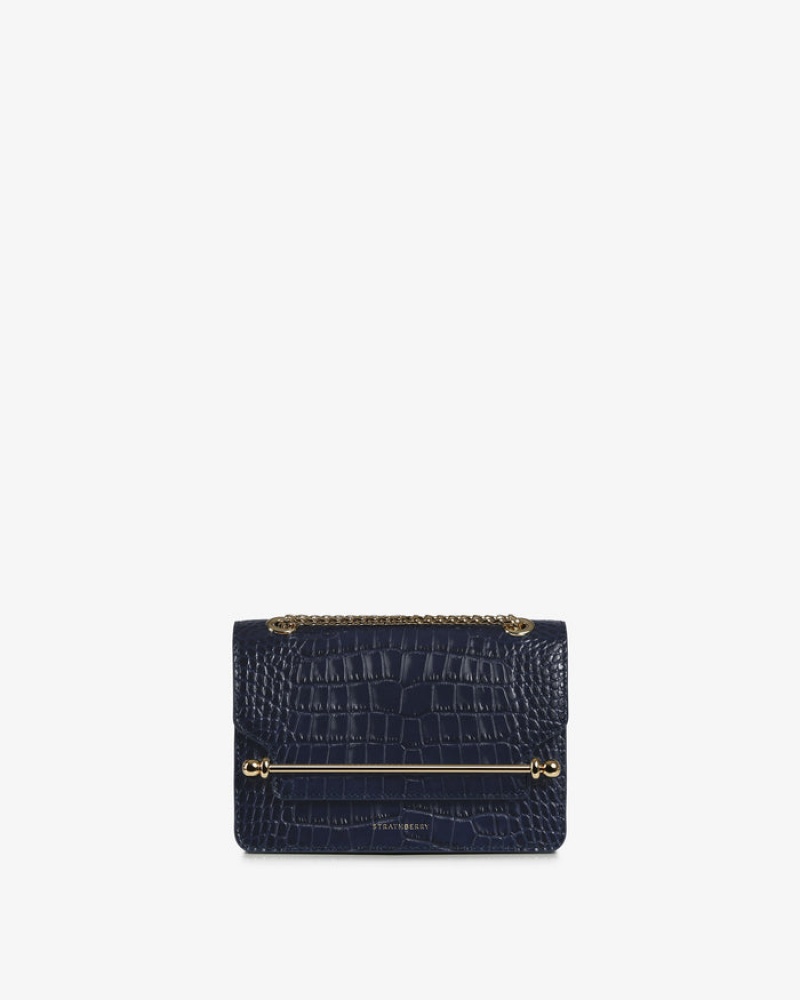 Navy Strathberry East/West Croc-Embossed Leather Mini Bag | UK USHM-89105