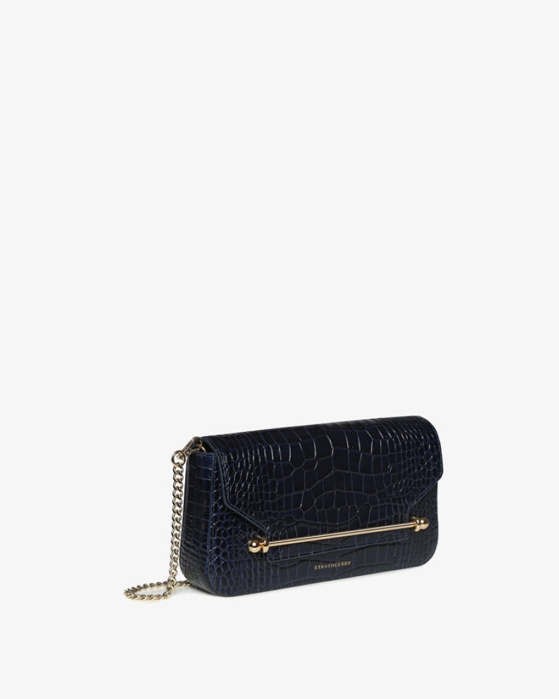 Navy Strathberry East/West Omni Croc-Embossed Leather Shoulder Bag | UK FRCI-80362