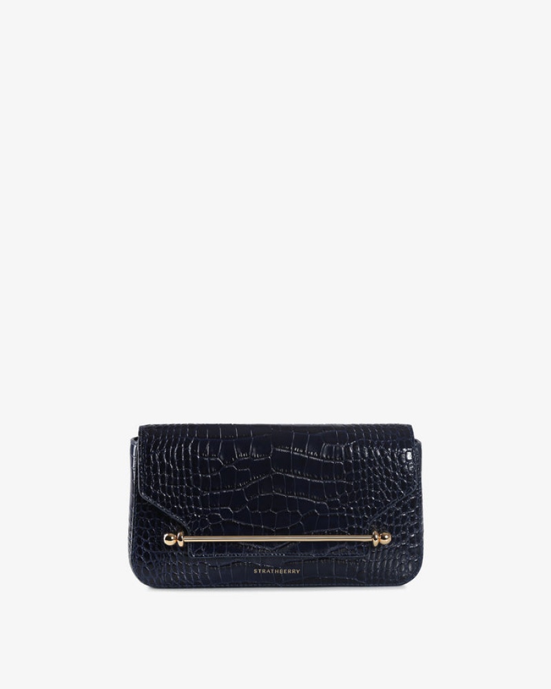 Navy Strathberry East/West Omni Croc-Embossed Leather Shoulder Bag | UK FRCI-80362