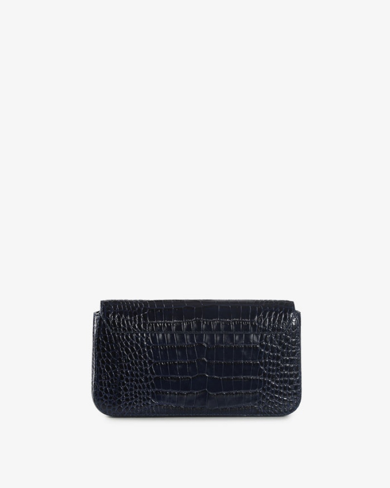 Navy Strathberry East/West Omni Croc-Embossed Leather Shoulder Bag | UK FRCI-80362