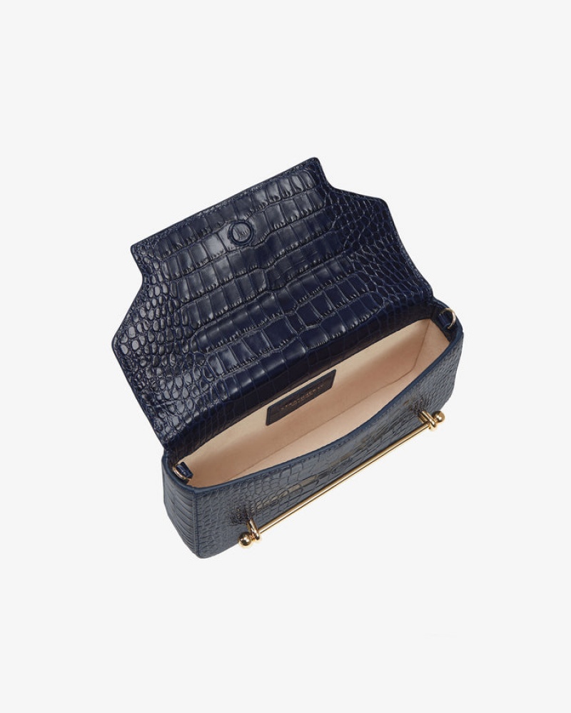 Navy Strathberry East/West Omni Croc-Embossed Leather Shoulder Bag | UK FRCI-80362