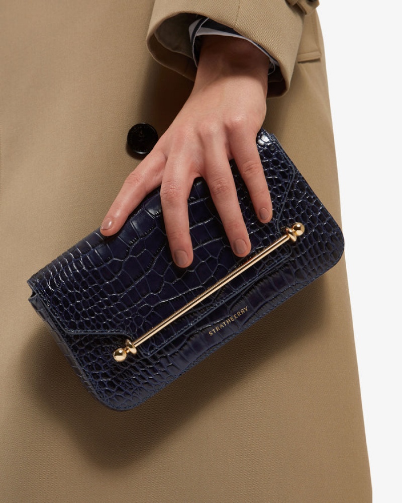 Navy Strathberry East/West Omni Croc-Embossed Leather Shoulder Bag | UK FRCI-80362