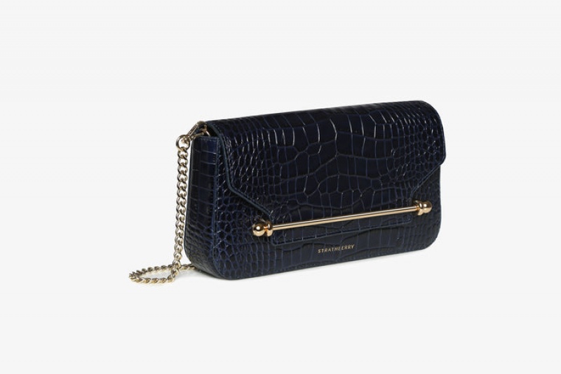 Navy Strathberry East/West Omni Croc-Embossed Leather Mini Bag | UK VEQX-92168