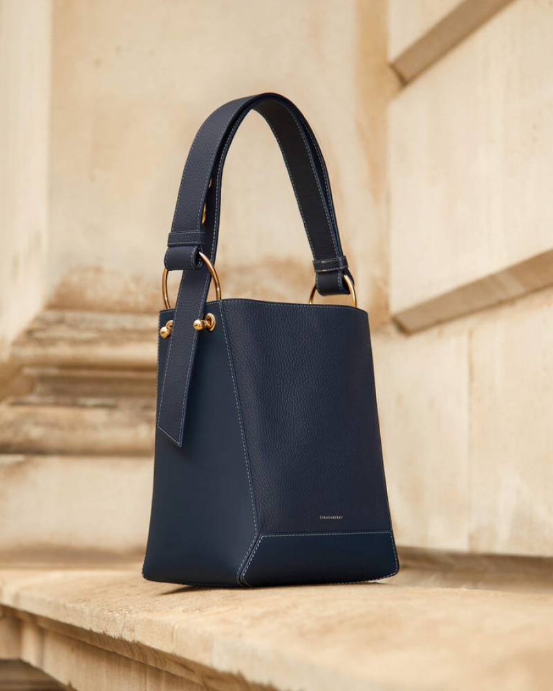 Navy Strathberry Lana Midi Bucket With Stitch Shoulder Bag | UK FBGR-84630