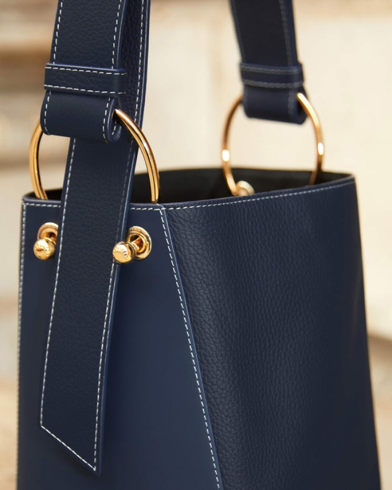 Navy Strathberry Lana Midi Bucket With Stitch Shoulder Bag | UK FBGR-84630