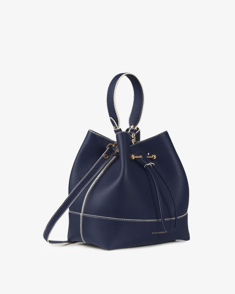 Navy Strathberry Lana Osette Midi With Edge/Stitch Top Handle Bag | UK LHRY-62418