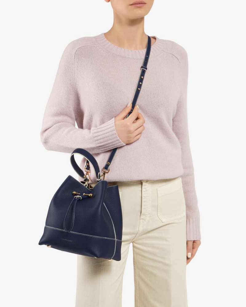 Navy Strathberry Lana Osette Midi With Edge/Stitch Top Handle Bag | UK LHRY-62418