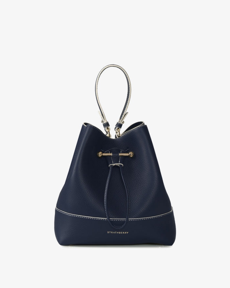 Navy Strathberry Lana Osette Midi With Edge/Stitch Top Handle Bag | UK LHRY-62418