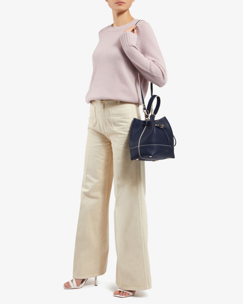 Navy Strathberry Lana Osette Midi With Edge/Stitch Top Handle Bag | UK LHRY-62418