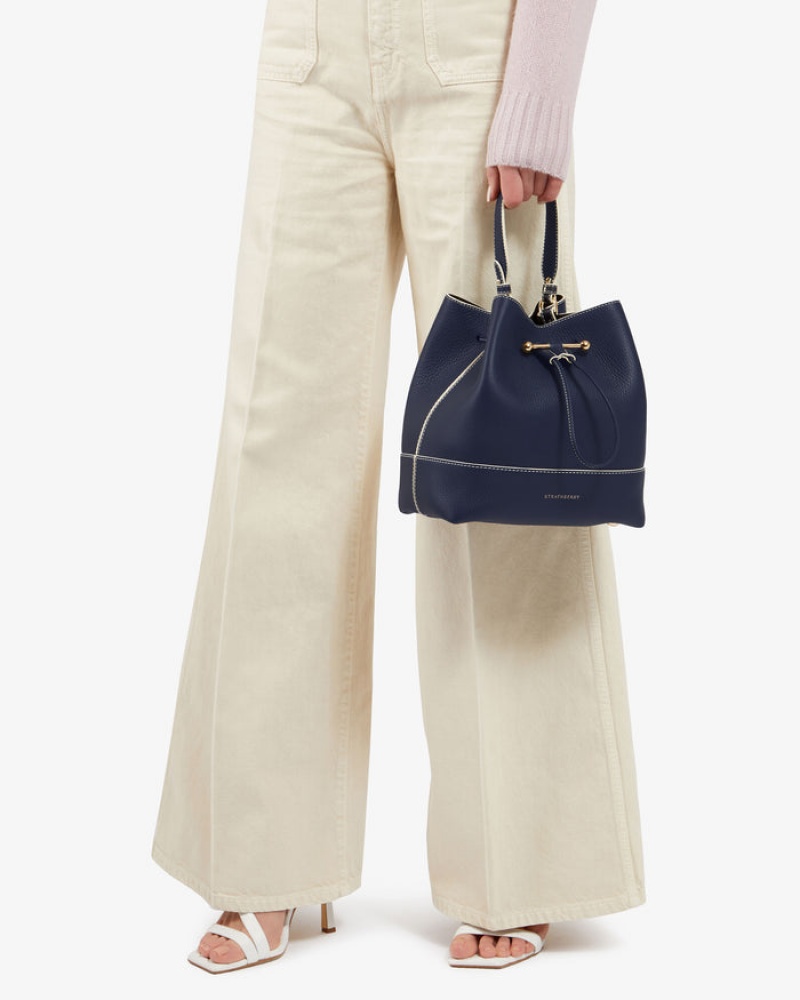 Navy Strathberry Lana Osette Midi With Edge/Stitch Top Handle Bag | UK LHRY-62418