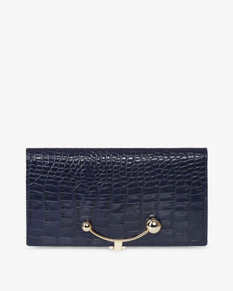 Navy Strathberry Large Crescent Croc-Embossed Leather Wallet | UK UCOE-63807