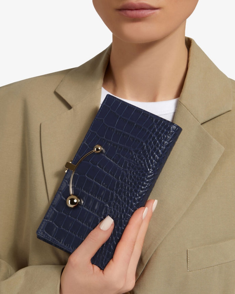 Navy Strathberry Large Crescent Croc-Embossed Leather Wallet | UK UCOE-63807