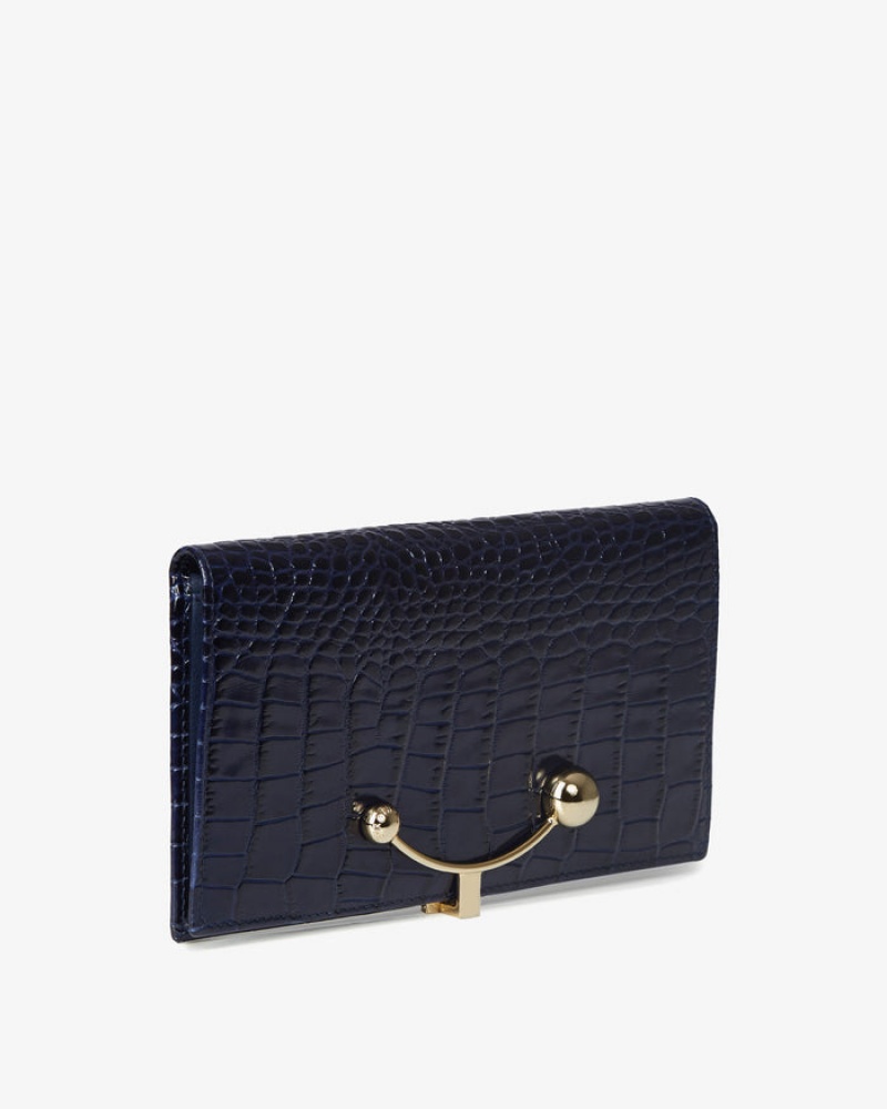 Navy Strathberry Large Crescent Croc-Embossed Leather Wallet | UK UCOE-63807