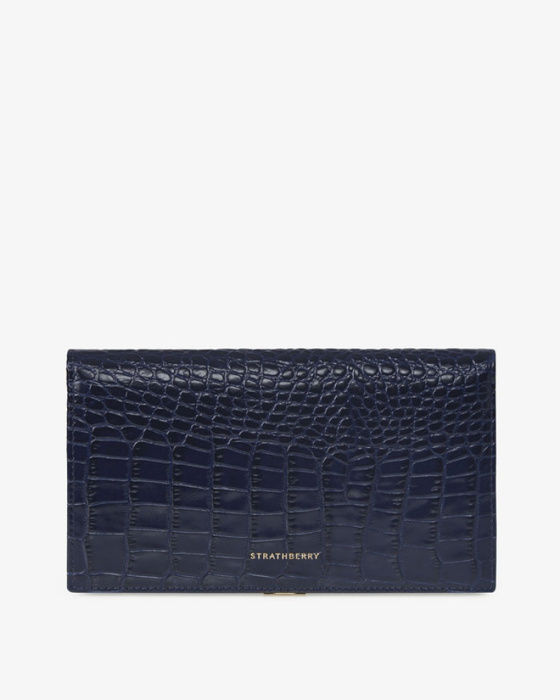 Navy Strathberry Large Crescent Croc-Embossed Leather Wallet | UK UCOE-63807