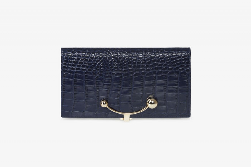 Navy Strathberry Large Crescent Croc-Embossed Leather Wallet | UK UCOE-63807