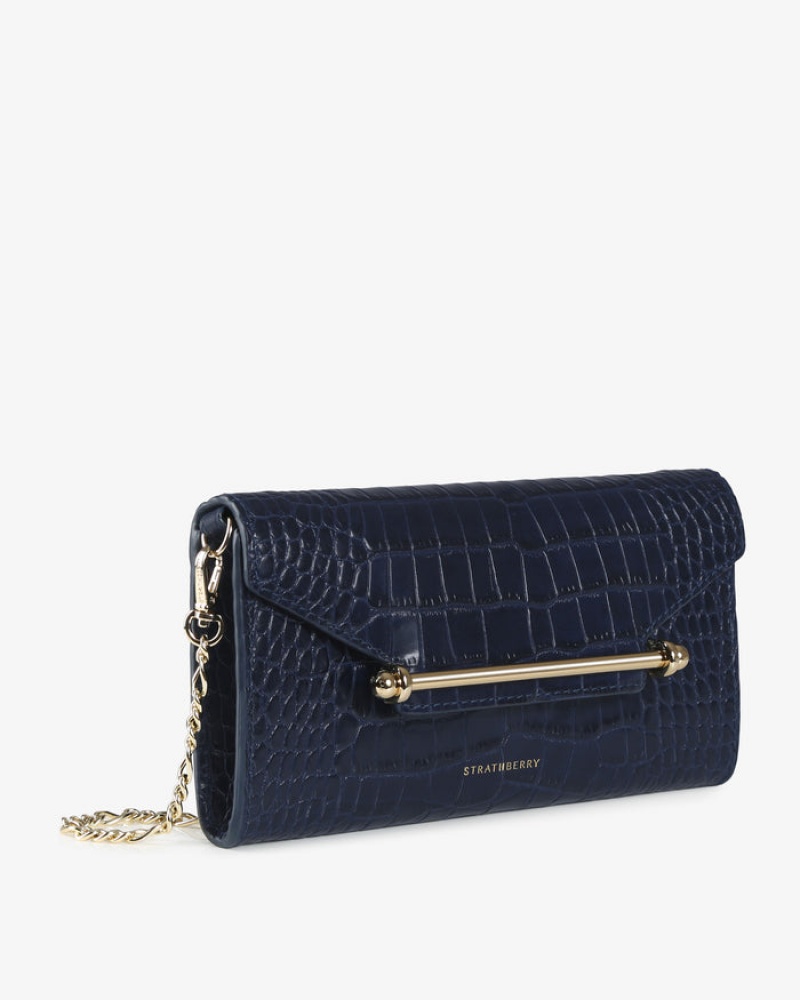 Navy Strathberry Multrees Chain Croc-Embossed Leather Wallet | UK COYZ-14092