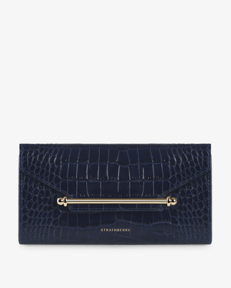 Navy Strathberry Multrees Chain Croc-Embossed Leather Wallet | UK COYZ-14092