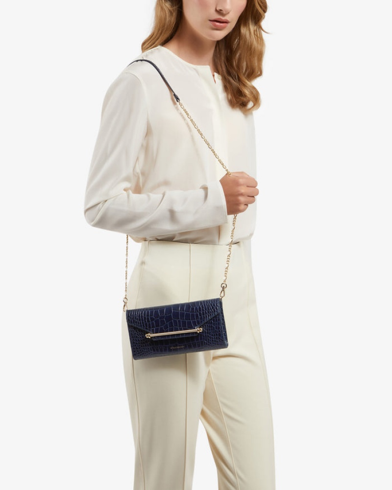 Navy Strathberry Multrees Chain Wallet Croc-Embossed Leather Crossbody Bag | UK LKXF-68742