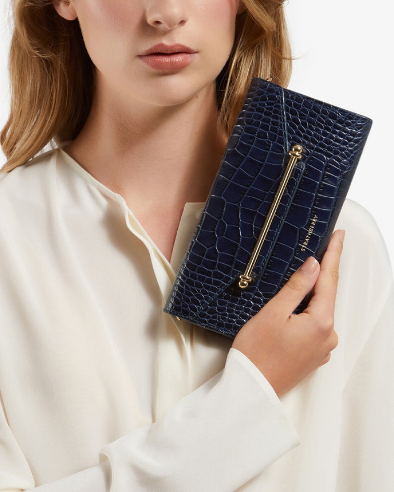 Navy Strathberry Multrees Chain Wallet Croc-Embossed Leather Crossbody Bag | UK LKXF-68742