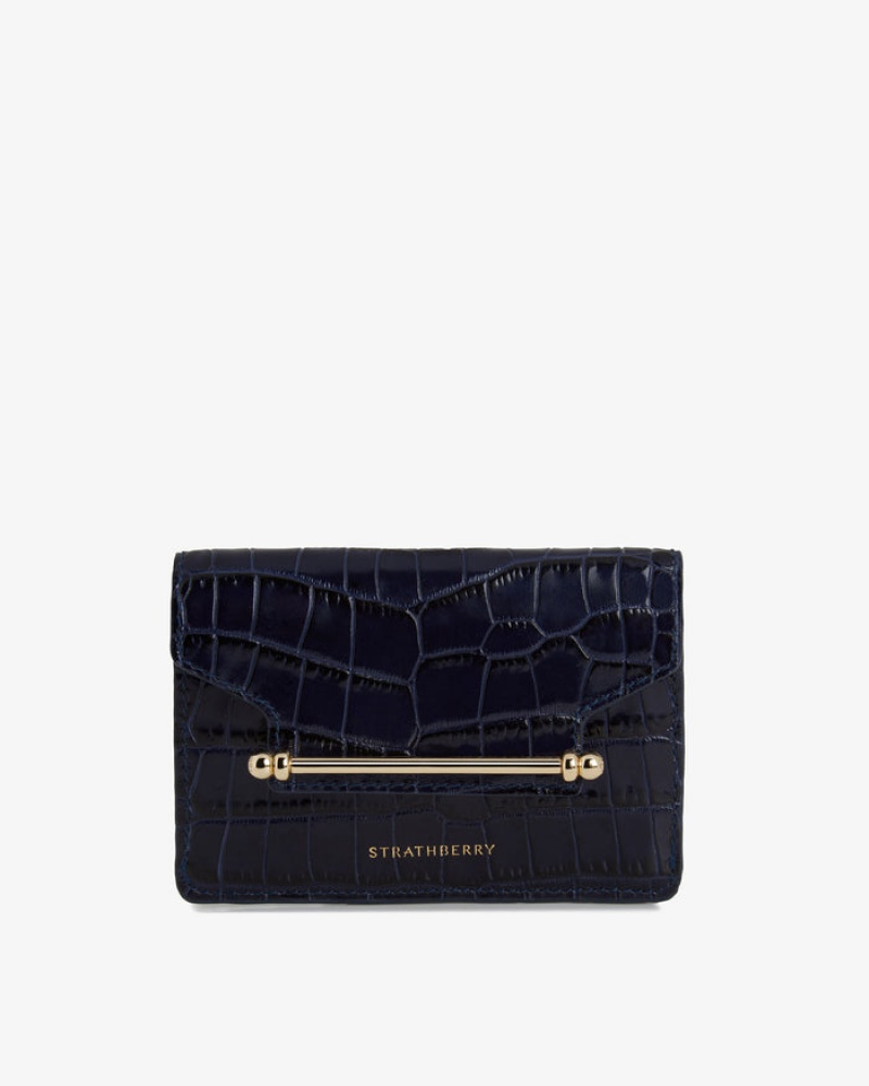 Navy Strathberry Multrees Compact Croc-Embossed Leather Wallet | UK HVCN-92571