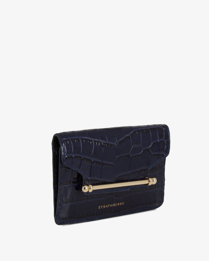 Navy Strathberry Multrees Compact Croc-Embossed Leather Wallet | UK HVCN-92571