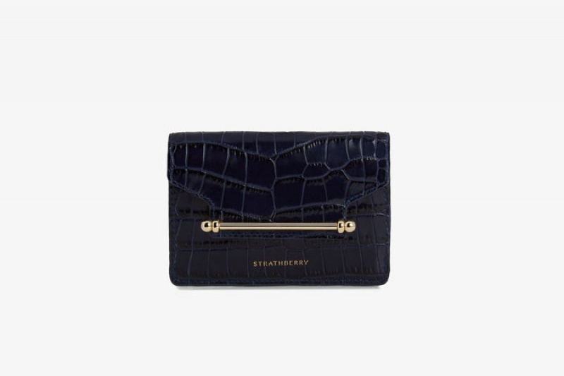 Navy Strathberry Multrees Compact Croc-Embossed Leather Wallet | UK HVCN-92571