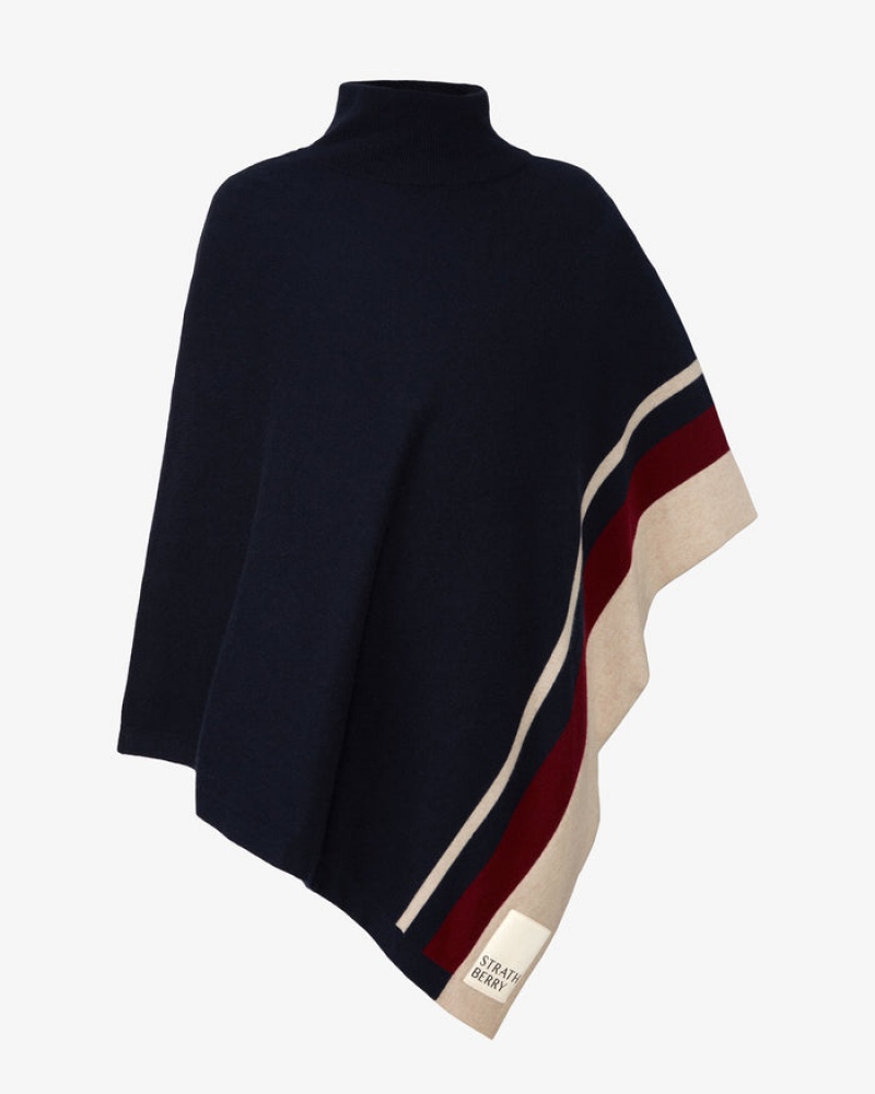 Navy Strathberry Pure Cashmere Asymmetric Poncho | UK NSEY-25834