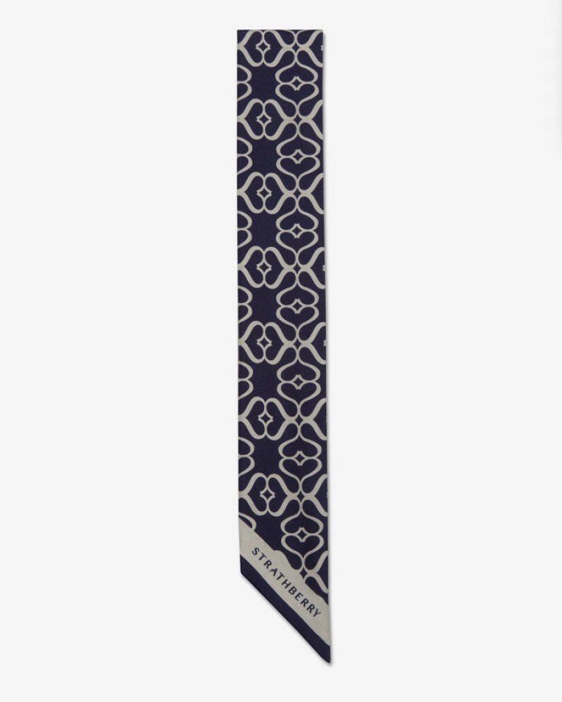 Navy Strathberry Silk Skinny Scarf | UK EKYU-40258