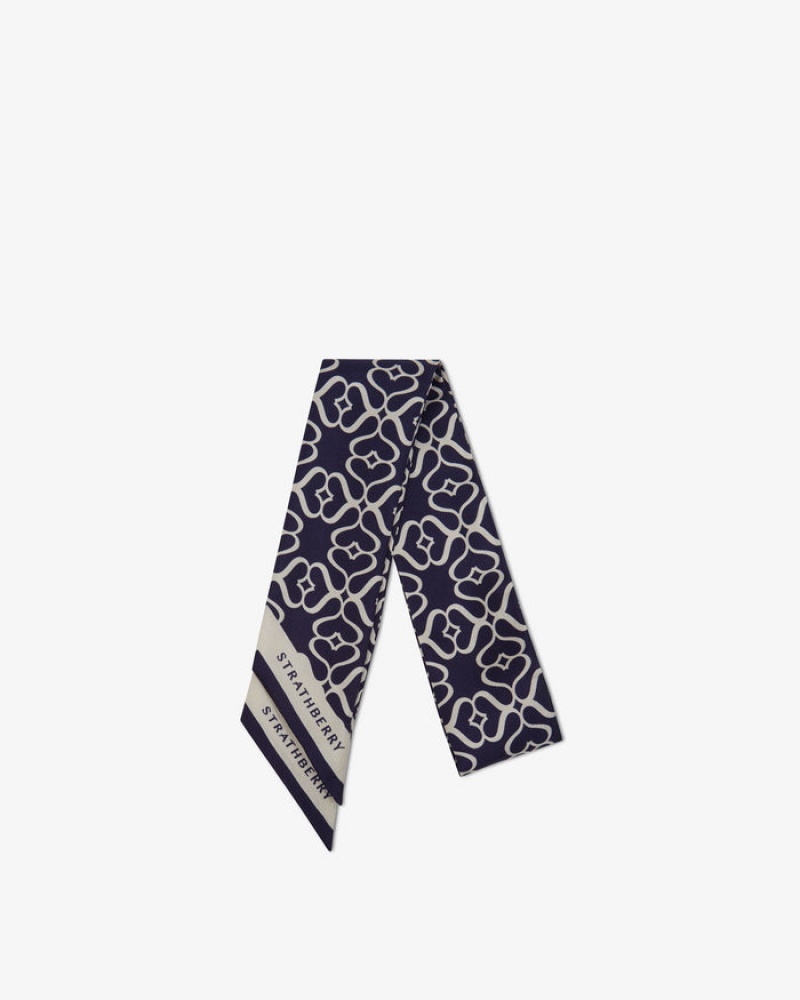 Navy Strathberry Silk Skinny Scarf | UK EKYU-40258