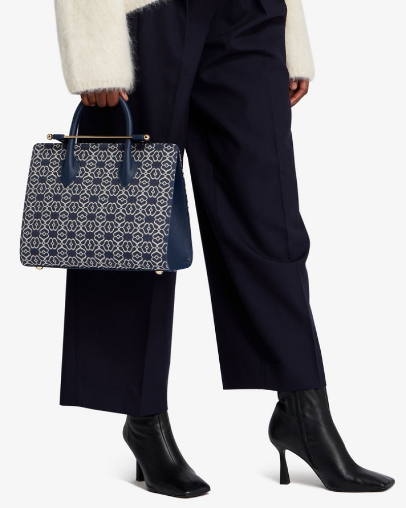 Navy Strathberry The Midi Tote Leather Crossbody Bag | UK LOEN-25698