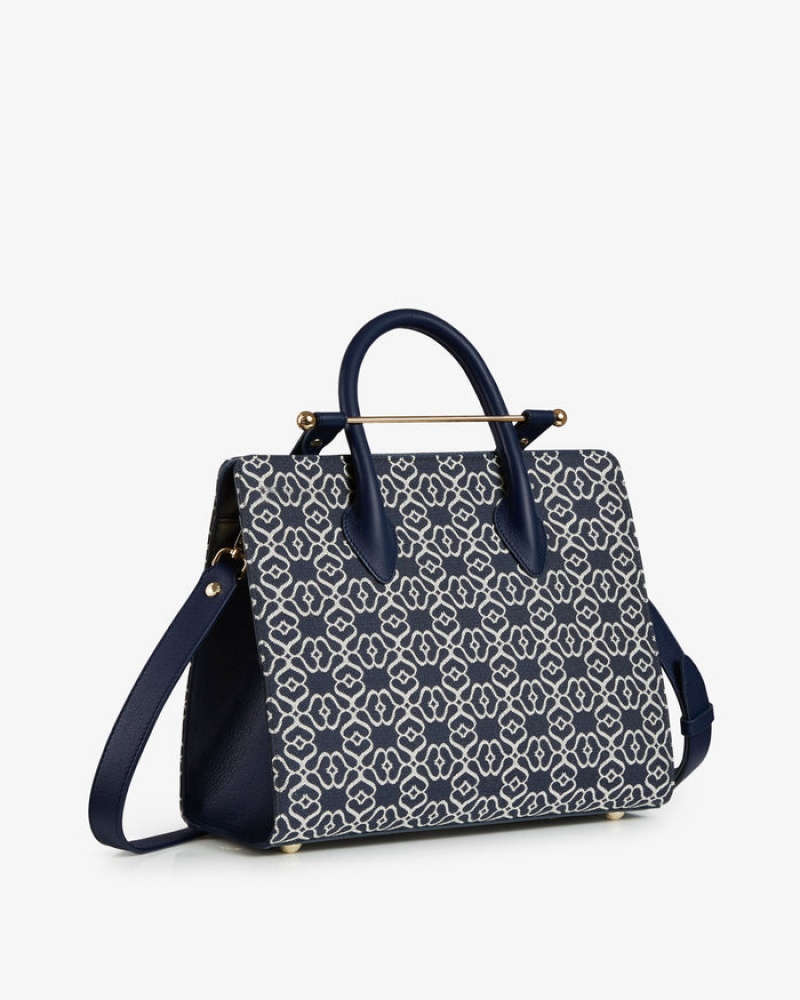 Navy Strathberry The Midi Tote Leather Crossbody Bag | UK LOEN-25698