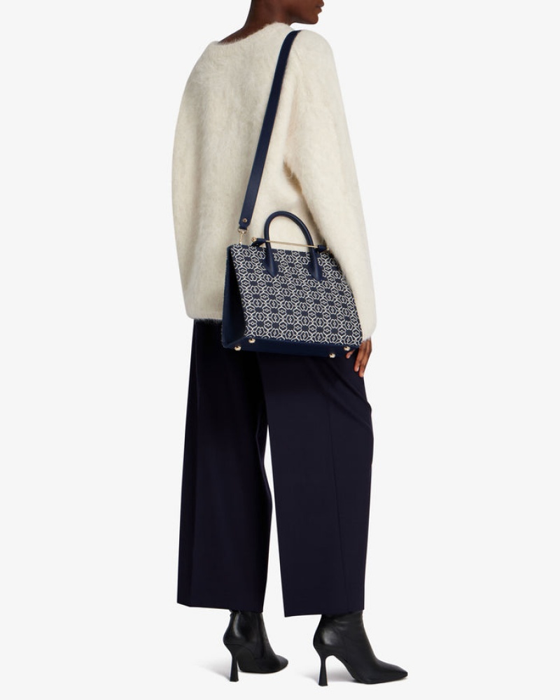 Navy Strathberry The Midi Tote Leather Crossbody Bag | UK LOEN-25698