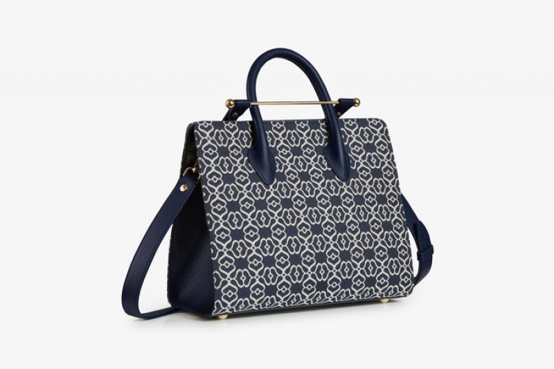 Navy Strathberry The Midi Tote Leather Crossbody Bag | UK LOEN-25698