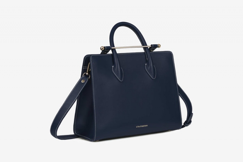 Navy Strathberry The Midi Tote With Stitch Crossbody Bag | UK WTFN-21954