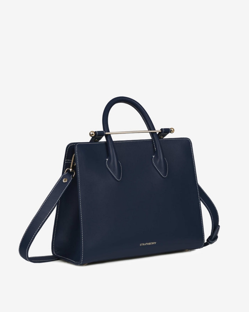 Navy Strathberry The Midi Tote With Stitch Top Handle Bag | UK DHXJ-20498