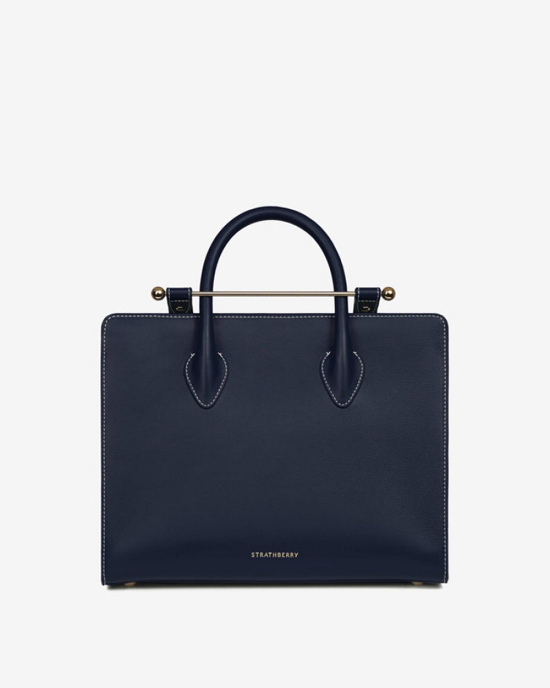 Navy Strathberry The Midi Tote With Stitch Top Handle Bag | UK DHXJ-20498