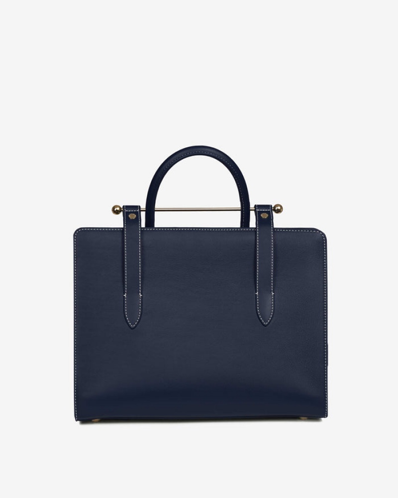 Navy Strathberry The Midi Tote With Stitch Top Handle Bag | UK DHXJ-20498