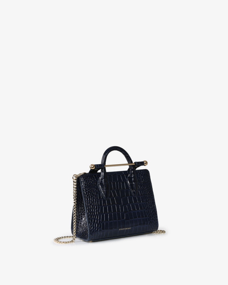 Navy Strathberry The Nano Tote Croc-Embossed Leather Mini Bag | UK KPJM-30518