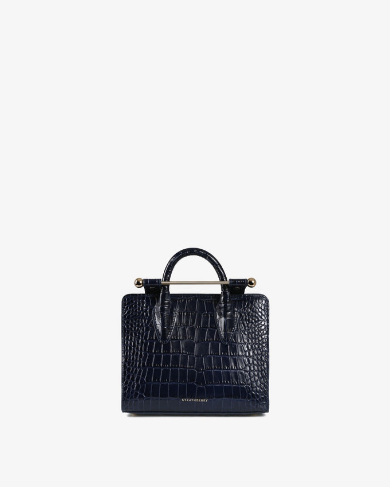 Navy Strathberry The Nano Tote Croc-Embossed Leather Mini Bag | UK KPJM-30518